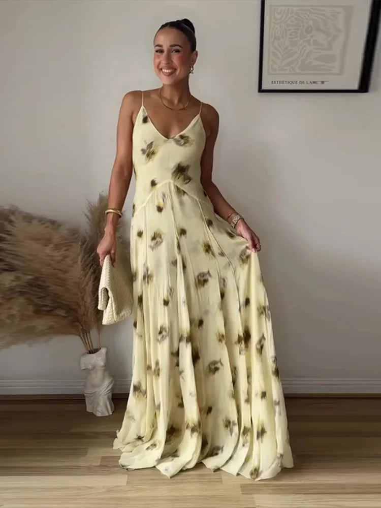 Aiertu  -  Printed Halter Women Dress V-Neck Waist Cinching Slimming  Silk Satin Sexy Suspender Robes Pleated Beach Long Dresses Summer New Aiertu
