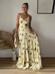 Aiertu  -  Printed Halter Women Dress V-Neck Waist Cinching Slimming  Silk Satin Sexy Suspender Robes Pleated Beach Long Dresses Summer New Aiertu