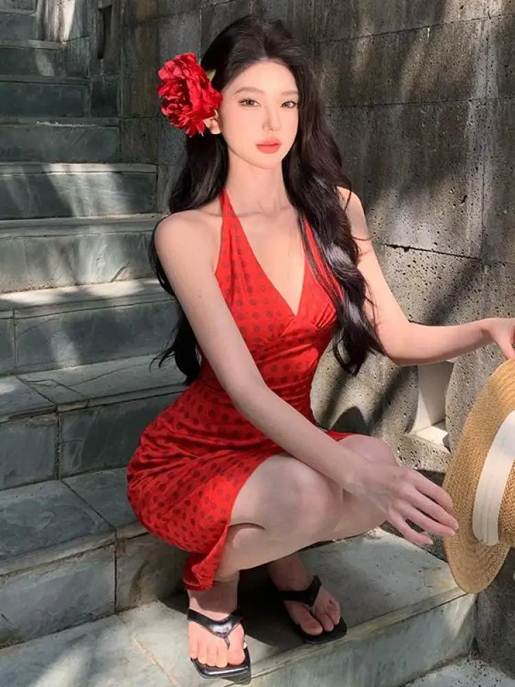 Aiertu  -  Women Red Polka Dot Sexy Festival Party Halter V-neck Bandage Short Dress Summer Elegant Sleeveless Backless Slim Mini Dress Y2k Aiertu