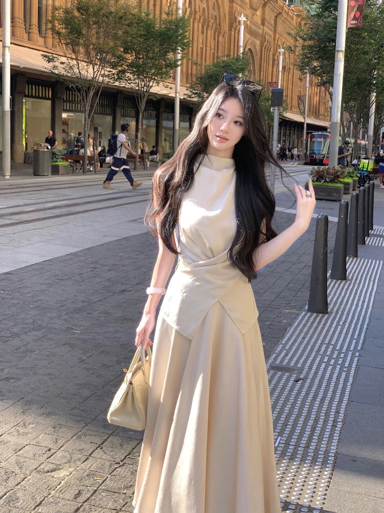 Aiertu  -  French Elegant 2 Piece Set Woman Casual Sleeveless Blouse + Solid  Fashion Midi Skirt Office Lady Party Suit Vestidos Female Aiertu