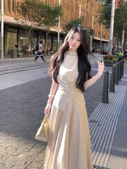 Aiertu  -  French Elegant 2 Piece Set Woman Casual Sleeveless Blouse + Solid  Fashion Midi Skirt Office Lady Party Suit Vestidos Female Aiertu