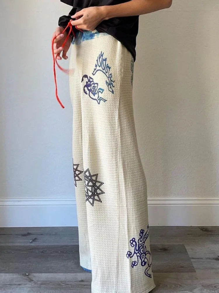 Aiertu  -  Y2k Aesthetic Streetwear Print Straight Pant Women Casual Patchwork Pantalon Personality Drawstring Grunge Wide Leg Trousers Aiertu