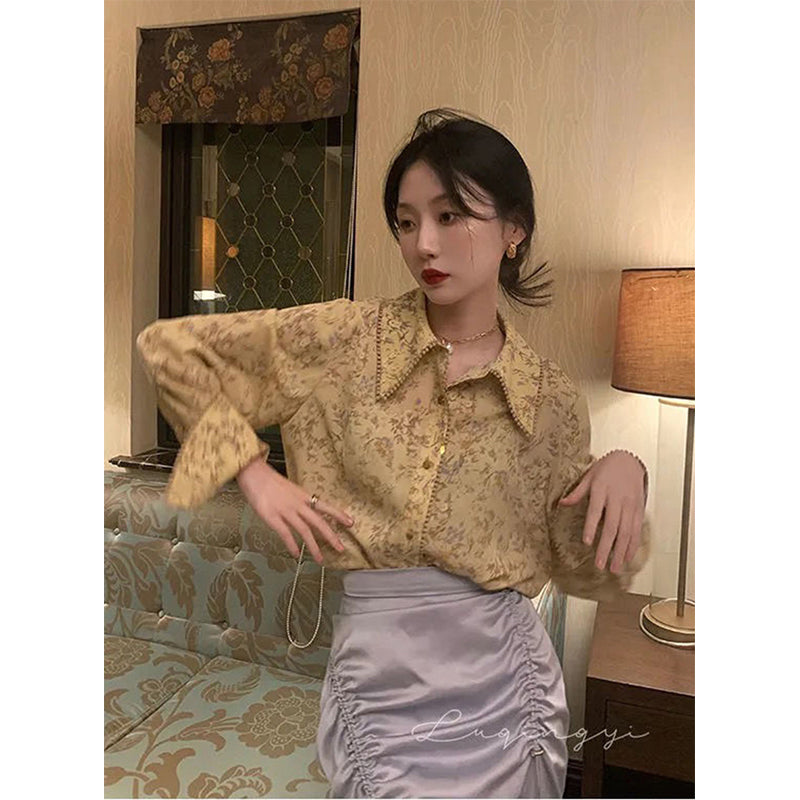 Aiertu Vintage Floral Shirts Women Streetwear Print Long Sleeve Chiffon Blouses Summer Ladies Elegant Loose All Match Tops New Aiertu