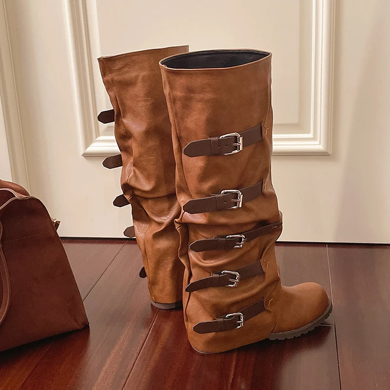 Aiertu    -  Women Knee-high Boots Summer Shoes Woman Knight Boots Woman Designer Buckle Chelsea Long Botas Pu Leather Motorcycle Shoes Aiertu