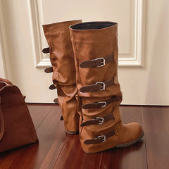 Aiertu    -  Women Knee-high Boots Summer Shoes Woman Knight Boots Woman Designer Buckle Chelsea Long Botas Pu Leather Motorcycle Shoes Aiertu