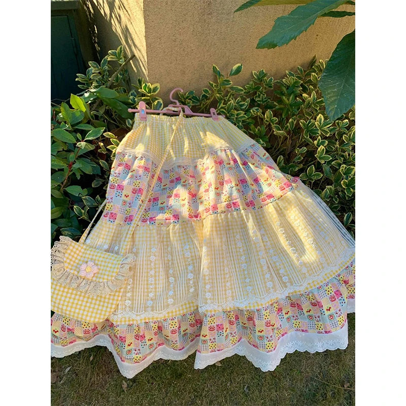 Aiertu  -  Vintage Plaid Midi Skirt Women Japanese Harajuku Print Skirts Summer Y2K Boho Korean Lace Patchwork Casual Design Faldas Aiertu