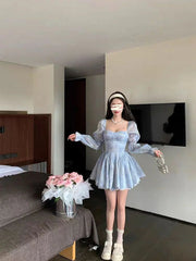 Aiertu DRESS TO IMPRESS Puffy Dress Puff Sleeves Women Elegant Summer Blue Birthday Party Dress Lady High Waist A-Line Gentle Sweet Dress Aiertu