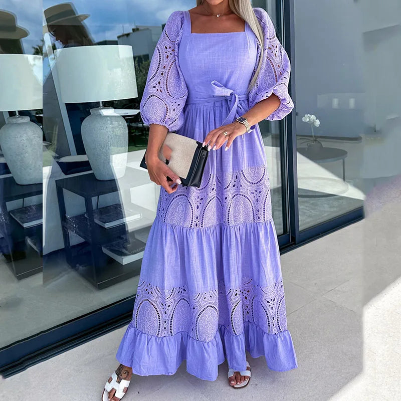 Aiertu  -  Elegant Retro White Lace Jacquard Women Dress Office Ladies Temperament Off Shoulder Maxi Dresses 2026Long Evening Party Dress Aiertu