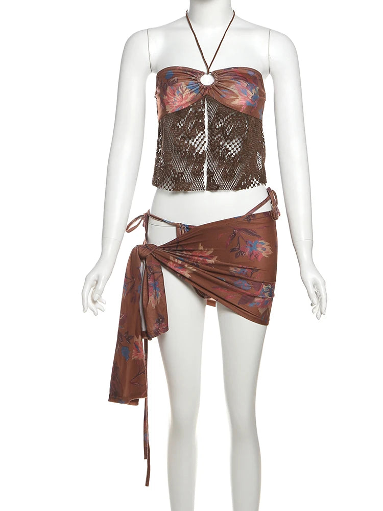 Aiertu  -  Fashion 3 Piece Set Women Flower Print Mesh Patchwork Camisole+Lace-up Briefs+Ruched Knot Skirts Beach Style Outfits Aiertu