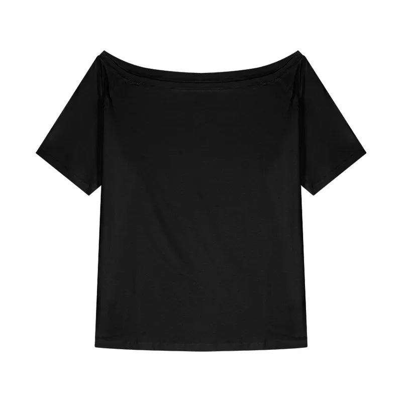 Aiertu  -  Spicy Girl Slant Shoulder Short Sleeve Loose T-shirt 2025 Women's Summer New Casual Irregular Solid Color Versatile Top Aiertu