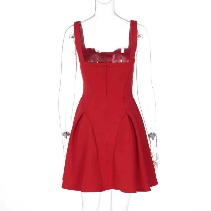 Aiertu  -  Sexy Backless Spaghetti Strap Mini Dress For Women Solid Slim High Waist Patchwork Ruffle Dress Party Club Short Dresses Aiertu