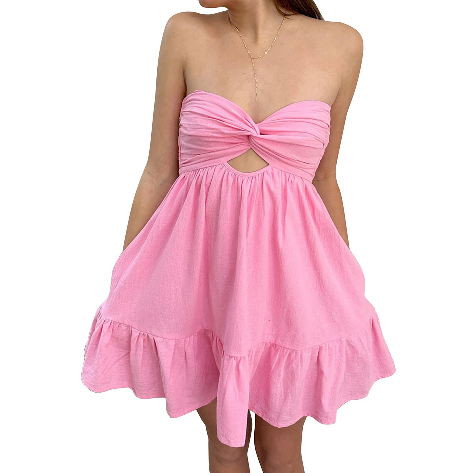 Aiertu  -  Women Solid Color Twisted Tube Dress Ruched Boat Neck Cut-out Backless Sleeveless Double Pockets Flowy Ruffled Dresses Aiertu