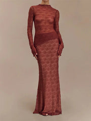 Aiertu  -  Sexy Lace See Through Long Skirt 2 Piece Set Women Solid Half High Collar Long Sleeve Slim Top and Floor Length Skirt Outfit Aiertu