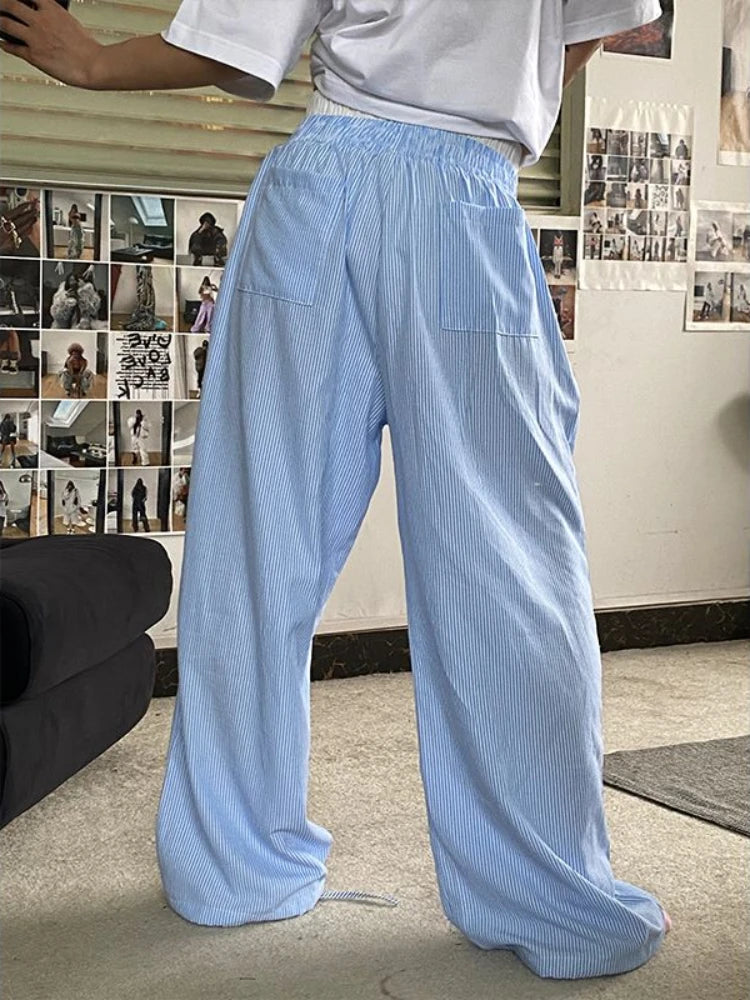 Aiertu  -  Blue Stripe Pants Women Y2k Fake Two Piece Wide Leg Sweatpants Baggy Kpop Sport Trousers Hip Hop Harajuku Summer Bottoms Aiertu