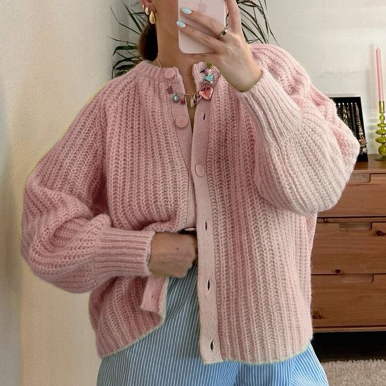 Aiertu  -  Women Chunky Knit Cardigan Y2k Long Latern Sleeve Crew Neck Button Up Open Front Cable Knitted Crop Sweater Jackets Aiertu