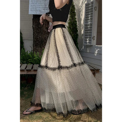 Aiertu  -  Elegant Tulle Midi Skirt Women Vintage Polka Dots Mesh Skirts Summer Ladies Korean Lace Print Patchwork A Line Faldas New Aiertu