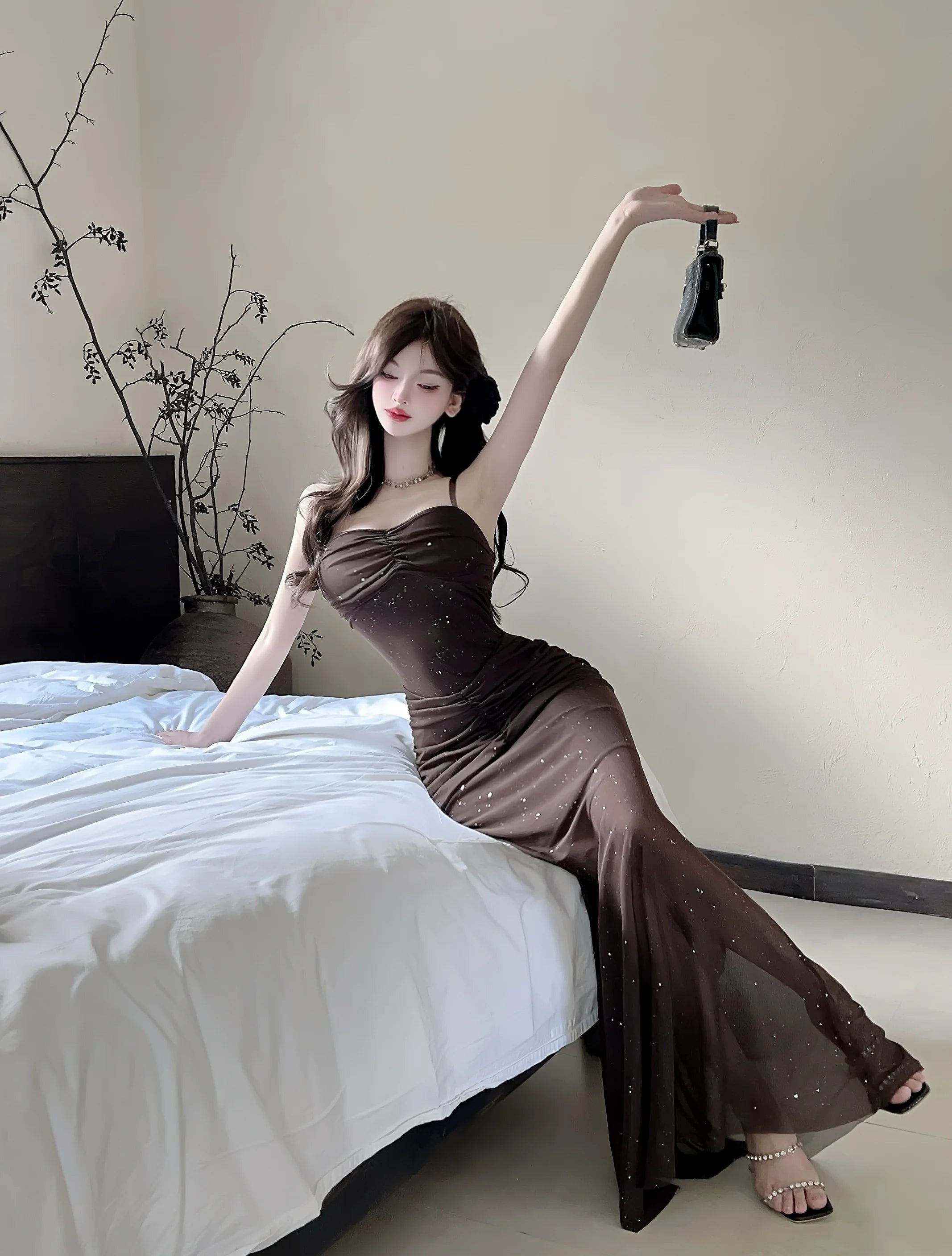 Aiertu  -   Sexy Shiny Mesh Suspender Evening Dresses Women 2025 Summer Temperament Slim Fit Waist Fishtail Party Long Dress Robe Aiertu