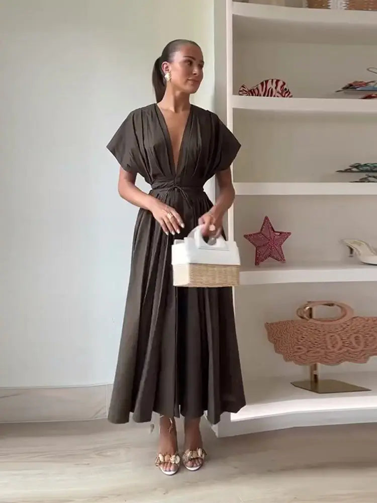 Aiertu  -  Lace Up Waist Cinched Dress Flying Sleeve Solid Color V Neck Pleated Slimming Workwear Women Strap Long Dresses Casual Robes New Aiertu