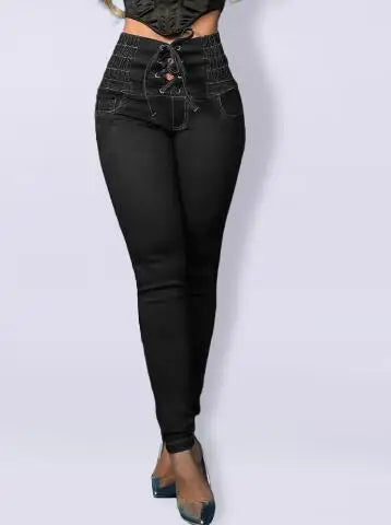 Aiertu  -   party look snspos Women Fashion Lace Up Jeans Woman High Elastic Waist Skinny Pocket Ankle Length Jeans Female Casual Denim Pants Aiertu