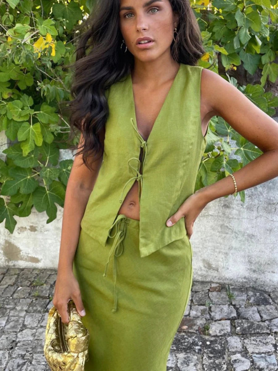 Aiertu  -  Sexy Tank Top Half Skirt Two Piece Set Women's Summer V-Neck Sleeveless Lace up Vest Long Ladies Skirts Chic Suits Aiertu