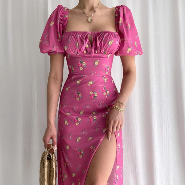 Aiertu - Puff Sleeve Floral Fields Maxi Dress Aiertu