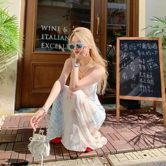 Aiertu  -  Summer Women Long Dress Sleeveless Patchwork Floral Gingham Spaghetti Strap Elegant Slim Maxi Dress Casual Vacation Beachwear Aiertu