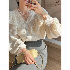 Aiertu Vintage Ruffles Shirts Women Elegant Lace Patchwork Blouses Office Lady Korean V Neck Long Sleeve All Match Chic Tops New Aiertu