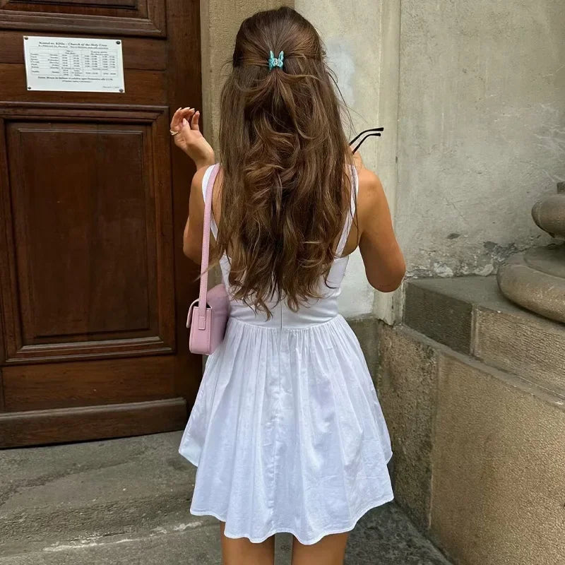 Aiertu  -  Sexy Pleated Spliced Sling Mini Dress Women Solid Square Collar Sleeveless Backless Female Dresses Summer Lady Chic Vestido Aiertu