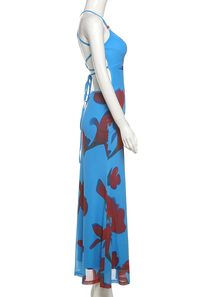 Aiertu  -  Print Maxi Dress Women Lace-Up Cross Backles Double Deck Skinny Tight Stretch Beach Vacation Summer Trend Vestidos Aiertu