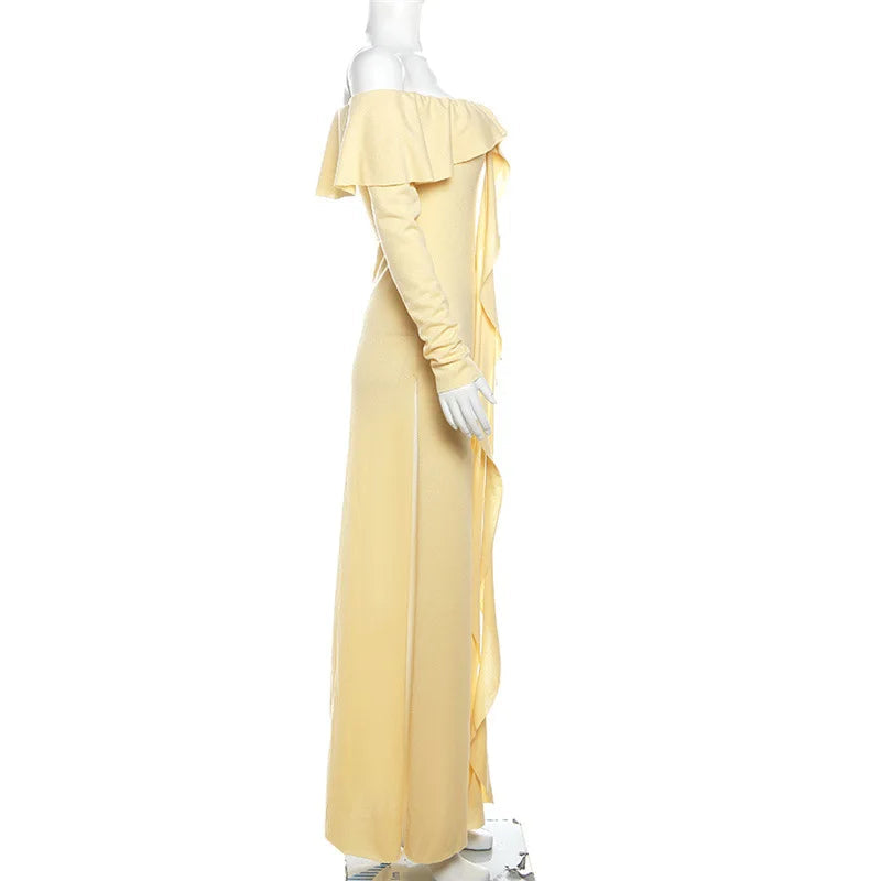 Aiertu  -  Elegant Maxi Dress Tassel Ruffles Women Slash Neck Off Shoulder Full Sleeve Ladies Evening Party Prom Slim Vestidos Aiertu