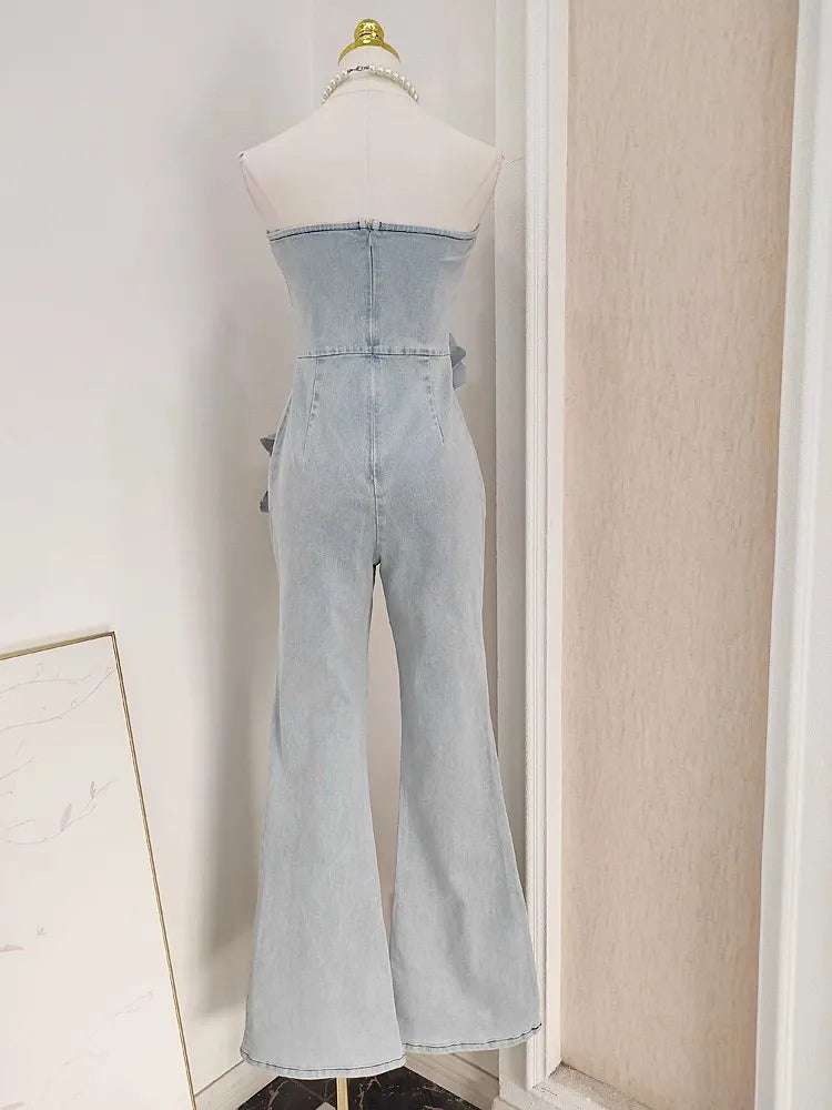Aiertu  -  3D Appliques Flower Strapless Demin Jumpsuits For Women Off Shoulder Sleevelss Solid Color High Waist Full Length Overalls New Aiertu