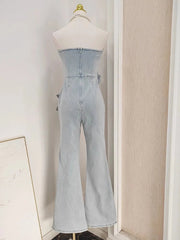 Aiertu  -  3D Appliques Flower Strapless Demin Jumpsuits For Women Off Shoulder Sleevelss Solid Color High Waist Full Length Overalls New Aiertu