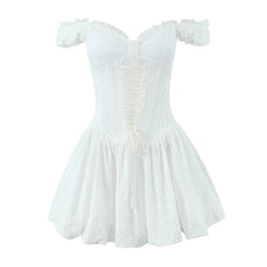 Aiertu  -  Sweet Girl Sexy Off Shoulder White Dress Summer Women Hollow Out Embroidery Party Mini Dresses Fit And Flare Birthday Robe Aiertu