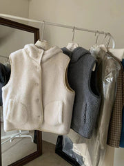 Aiertu  -  Winter New Solid Lambswool Hooded Vest Women Single Breasted Sleeveless Jacket Korean Fashion Casual Pocket Waistcoat Outerwear Aiertu