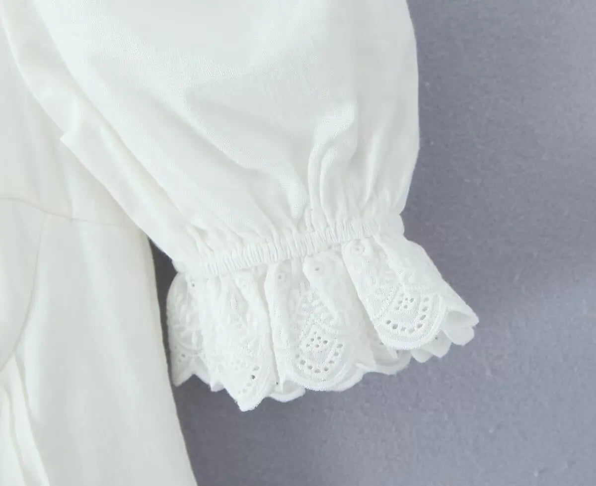 Aiertu  -  Sweet Beige Splice Lace Square Collar Bow Front Short Puff Sleeve Dress Women Lace Hem Low Waist Dresses Mini Cake Robe Aiertu
