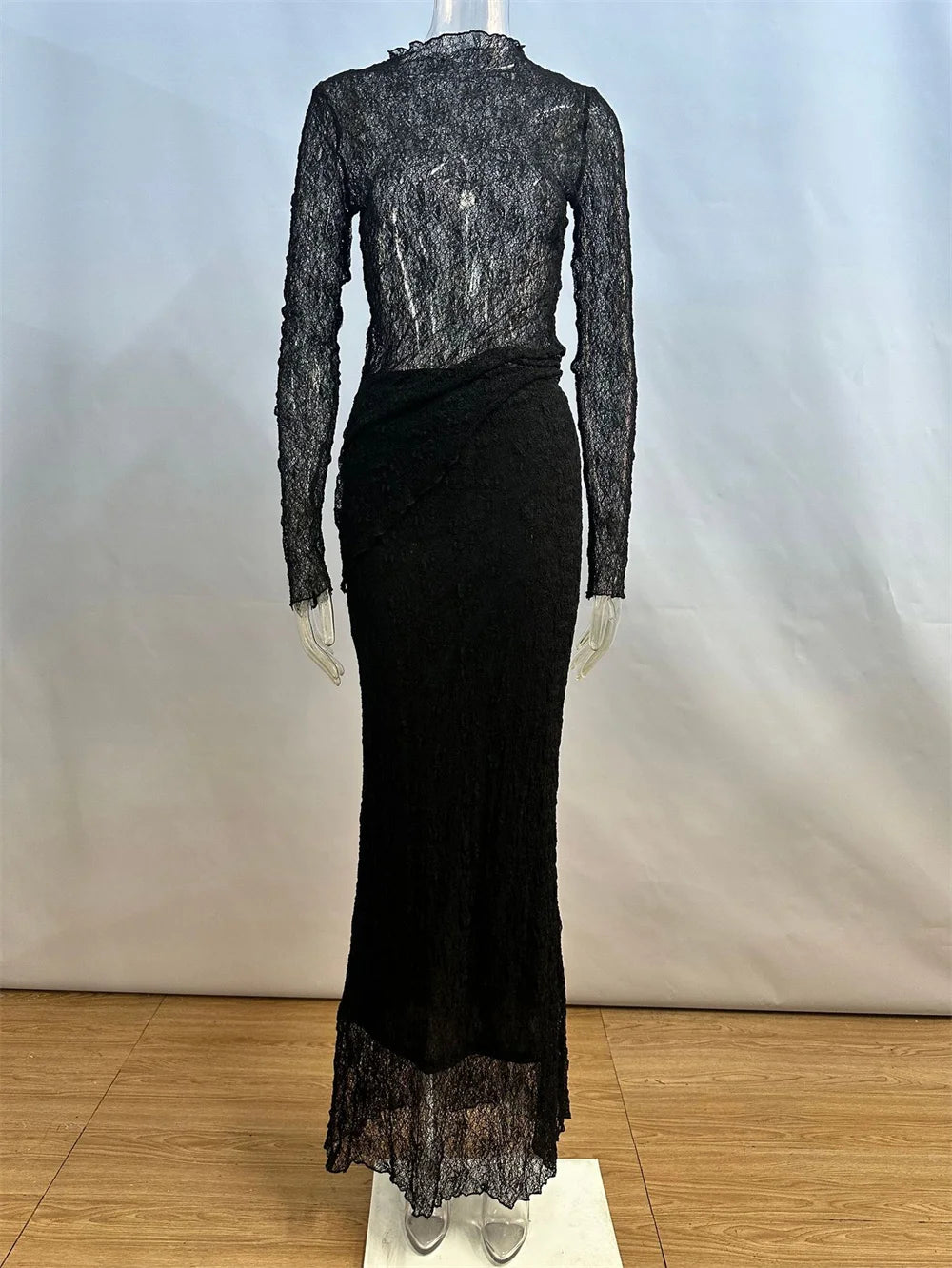 Aiertu  -  Sexy Lace See Through Long Skirt 2 Piece Set Women Solid Half High Collar Long Sleeve Slim Top and Floor Length Skirt Outfit Aiertu