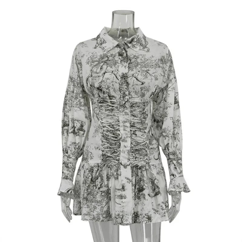 Aiertu  -  Retro Print Dress Women's High Waist Lapel Lace Up Long Sleeve Shirt Dress Summer Casual Street Short Dress Vestidos Aiertu