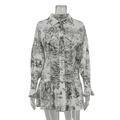 Aiertu  -  Retro Print Dress Women's High Waist Lapel Lace Up Long Sleeve Shirt Dress Summer Casual Street Short Dress Vestidos Aiertu