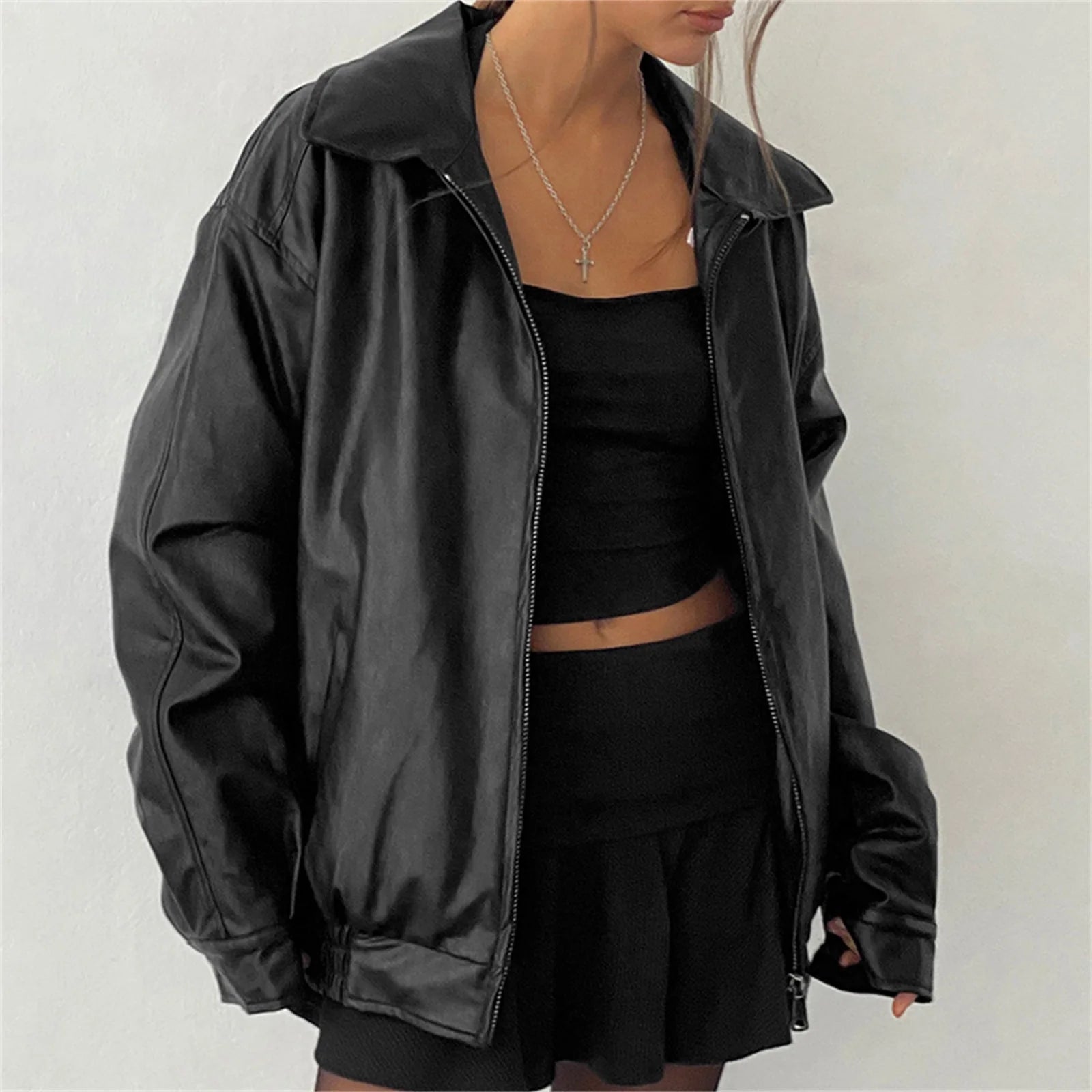 Aiertu  -  Womens Oversized Zip Up Leather Jackets Faux Motorcycle Bomber Coats Fall Fashion Outfits Winter Clothes Aiertu