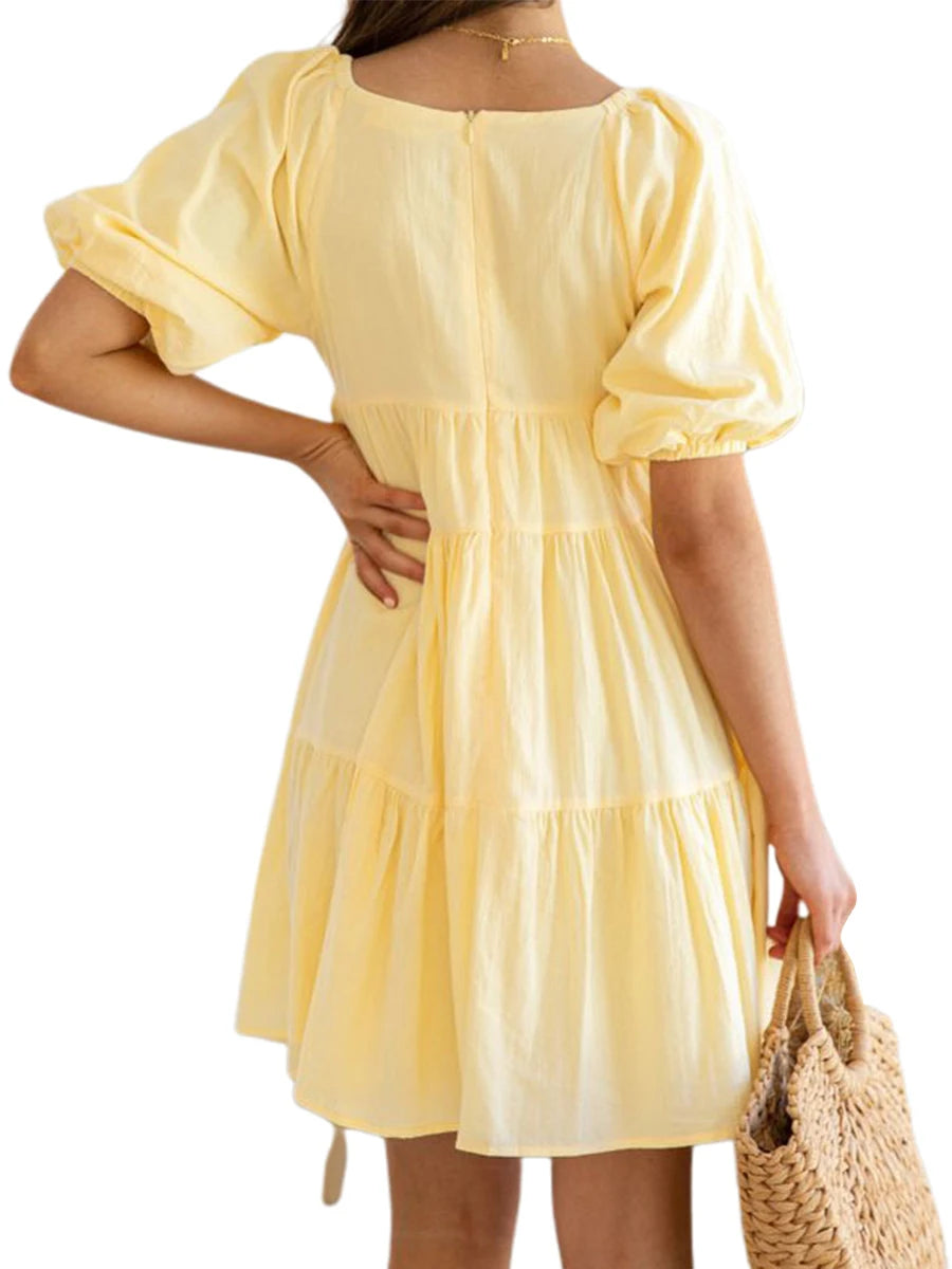 Aiertu  -  Elegant Maternity Dress for Summer Photoshoot - Stylish V-Neck A-Line Pregnancy Clothes with Puff Sleeves Solid Color Casual Aiertu
