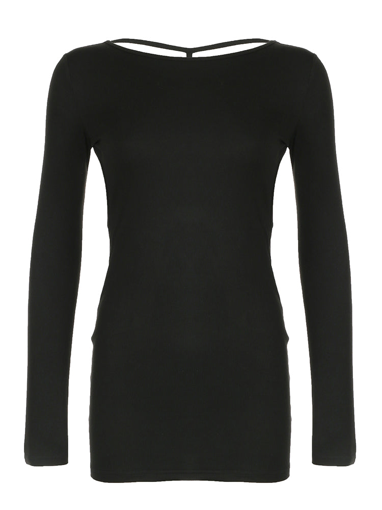 Aiertu - summer inspo Backless Chic Fashion Skinny Sexy Long Sleeve Short Dress Women Rave Baddie Clubwear Black Solid Party Dresses Aiertu