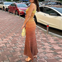 Aiertu  -  Lady Casual Summer O-neck Suspender Dress Beach Holiday Backless Knitted Long Dress Gradient Striped Printed Slim A-line Dress Aiertu