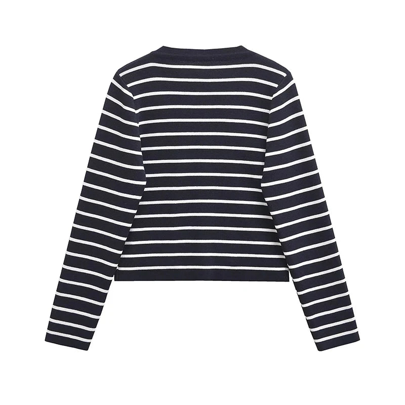Aiertu  -  Autumn Winter Women Striped Knit Cardigan Long Sleeve O Neck Casual Outerwear Short Coat Aiertu