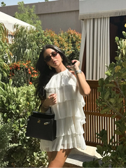 Aiertu  -  Ladies White Pleated Dress Women Sleeveless High Circle Neck Backless Layered Ruffles Mini Robe Summer Sweet Beach Party Gown Aiertu