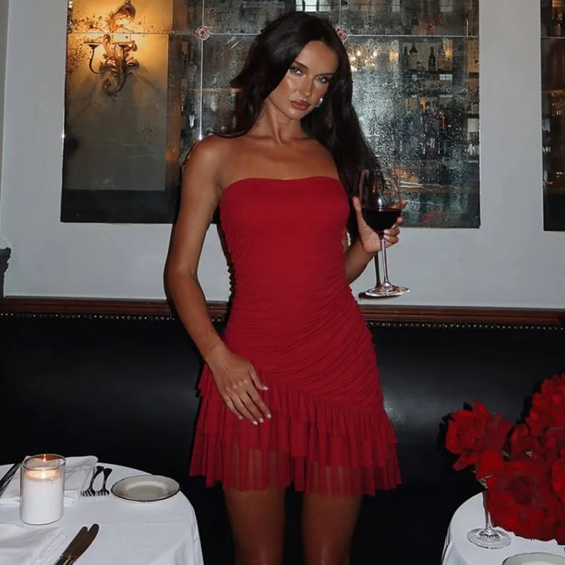 Aiertu  -  Woman Clothes Strapless Ruffles Short Wrap Dress Red Streetwear 2026 Summer Sleeveless Backless Ruched Party Night Club Dresses Aiertu