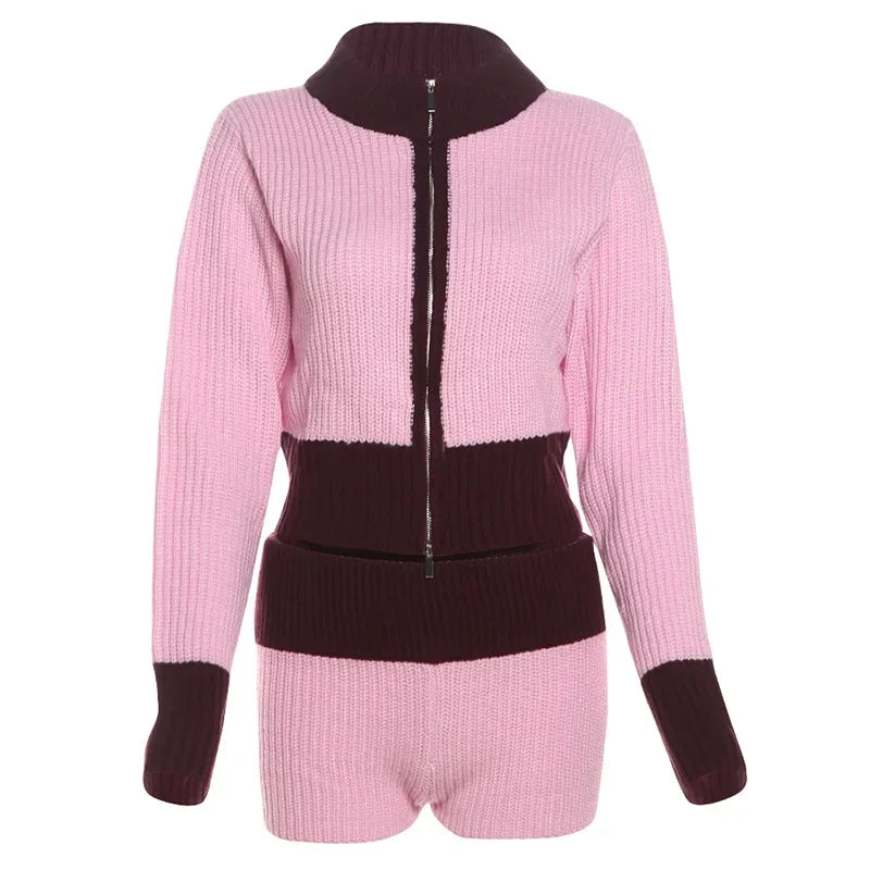 Aiertu  -   Knitted 2 Piece Sets Women Tracksuit Long Sleeve Zipper Sweater Crop Top Shorts Contrast Color Stretch Slim Matching Suit Aiertu
