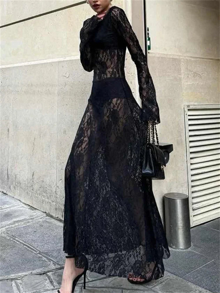 Aiertu  -   Black Lace Printed Long Dress For Women See-Through Hollow Out High Waist Patchwork Sexy Party Dress Women's Summer Dress Aiertu