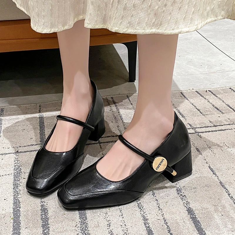 Aiertu  -  Designer Thick Heel Women's Mary Jane Shoes Fashion Shallow Buckle Shoes Spring Autumn Party Dress Shoes Aiertu