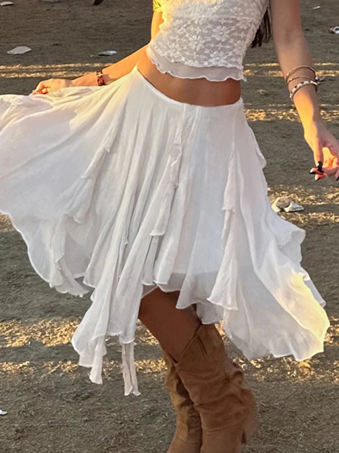 Aiertu    -  Casual Asymmetrical Mesh Skirts Holiday Beach Style Low-Waisted Midi Skirts Women 2025 Summer Fashion Streetwear Ladies Aiertu