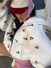 Aiertu  -  Cherry Printed Sweatshirt  Women Hooded Zipper Full Sleeve Thicken Lady Coats 2025 Spring Autumn Fashion Female Jacket Tops Aiertu